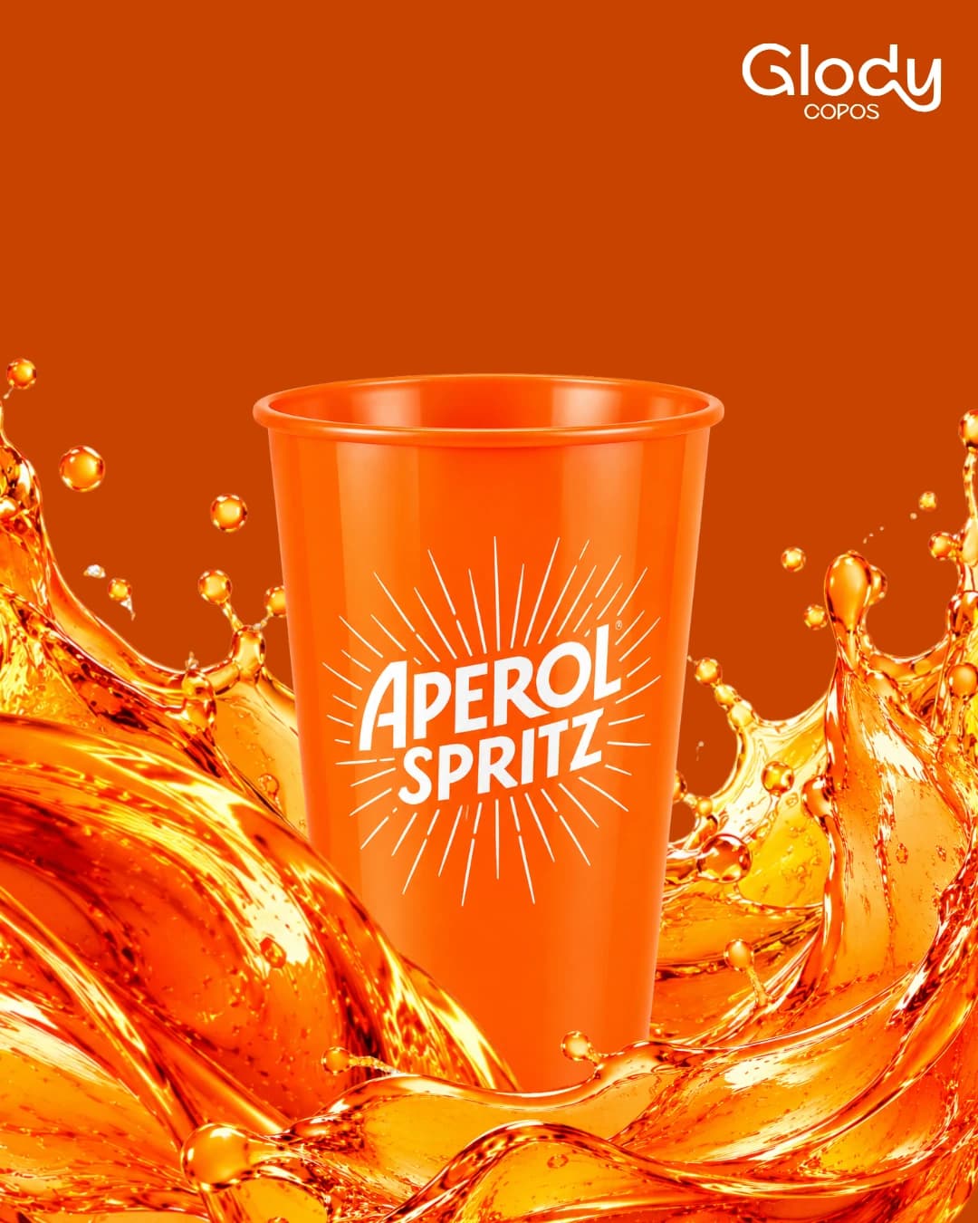 Copo laranja Aperol Spritz com splash e a logo Glody Copos