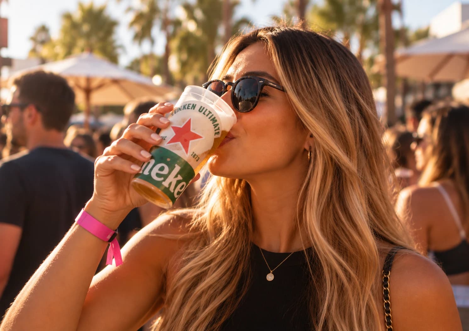 Mulher bebendo em um copo em um evento
